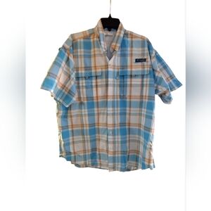 EUC Columbia PFG Omnishade Men's Blue and White Plaid Shirt Super Bahama